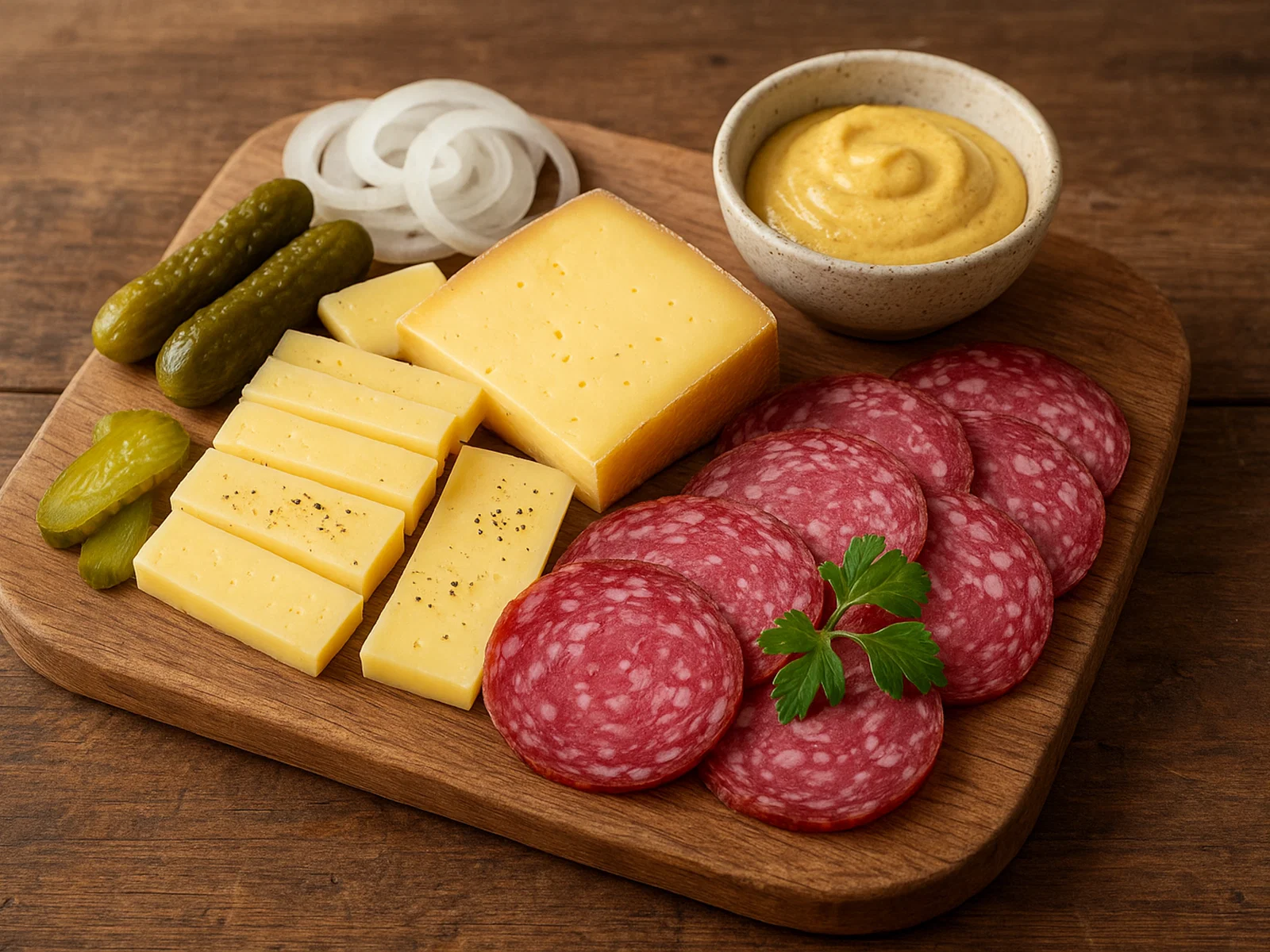 Brotzeitbrett mit haltbarem Käse und Wurst