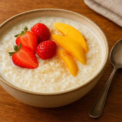 Cremiger Sago-Pudding mit Früchten und Zimt