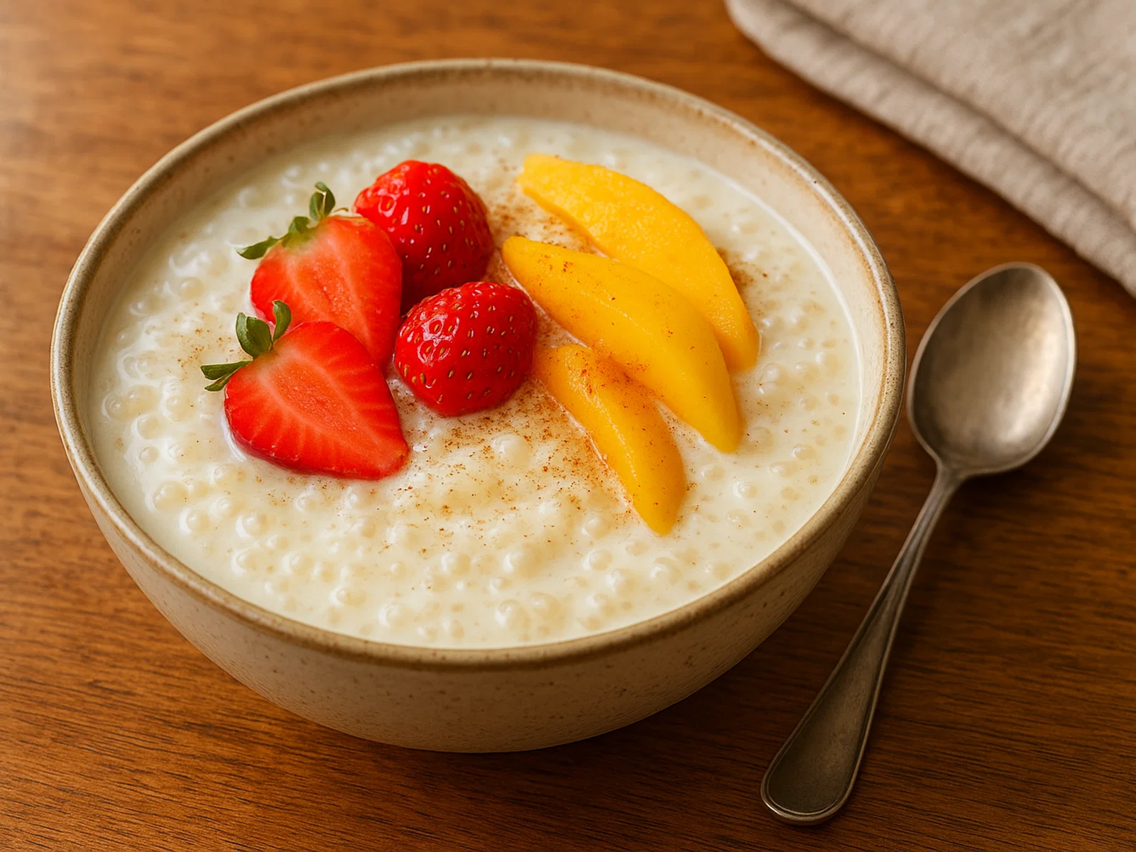 Cremiger Sago-Pudding mit Früchten und Zimt