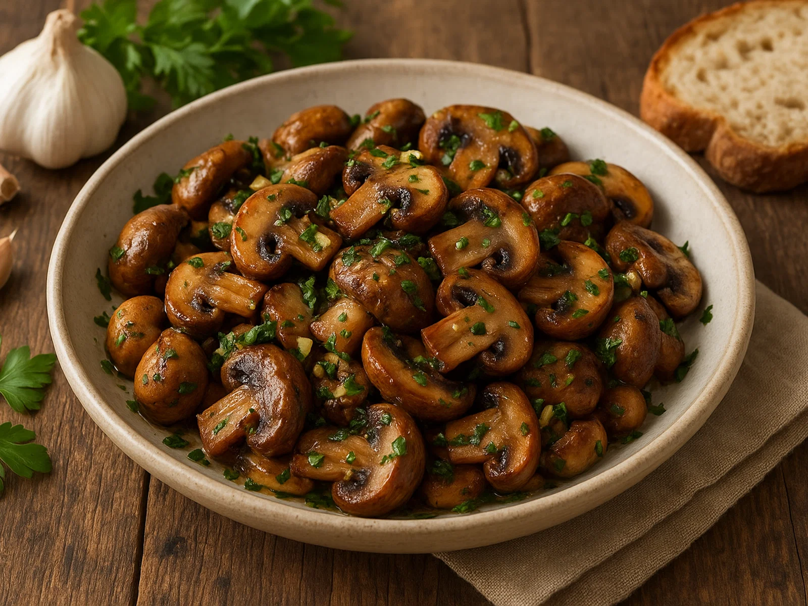 Gebratene Pilze mit Knoblauch und Petersilie