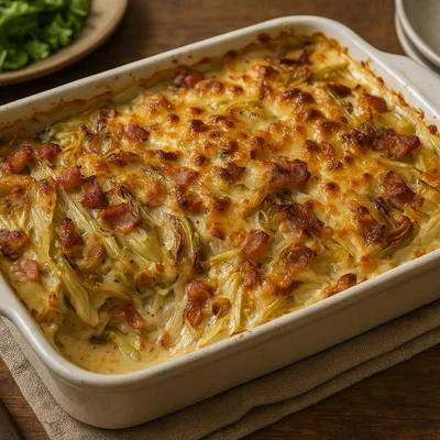 Chicorée-Auflauf mit Speck und Zwiebeln