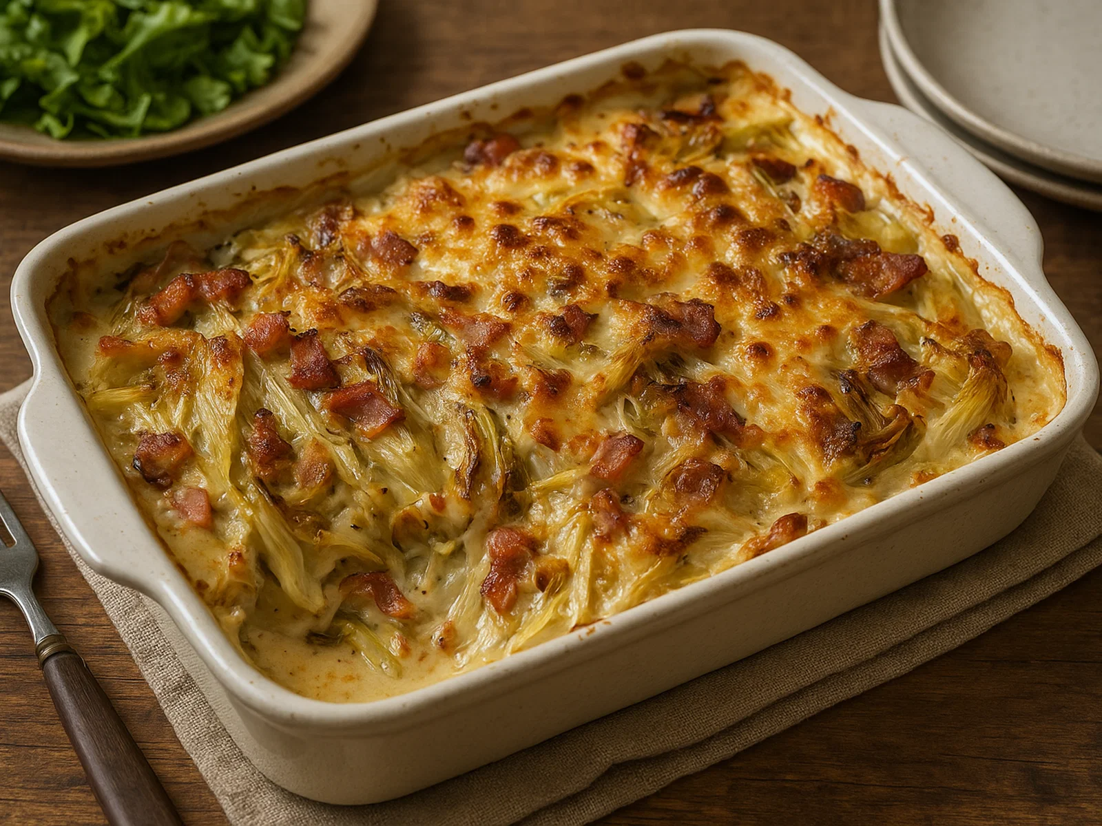 Chicorée-Auflauf mit Speck und Zwiebeln