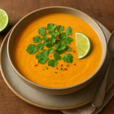Cremige Süßkartoffel-Kokos-Suppe mit Limette und Koriander