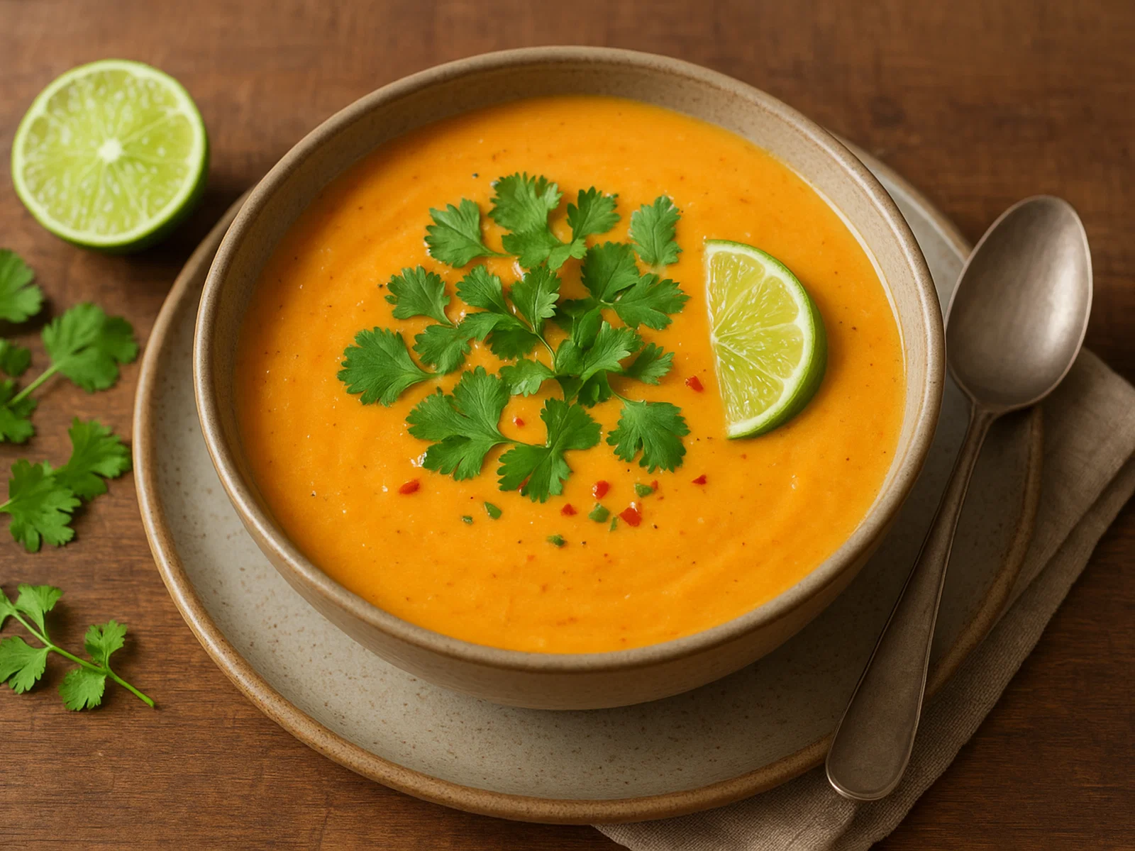 Cremige Süßkartoffel-Kokos-Suppe mit Limette und Koriander
