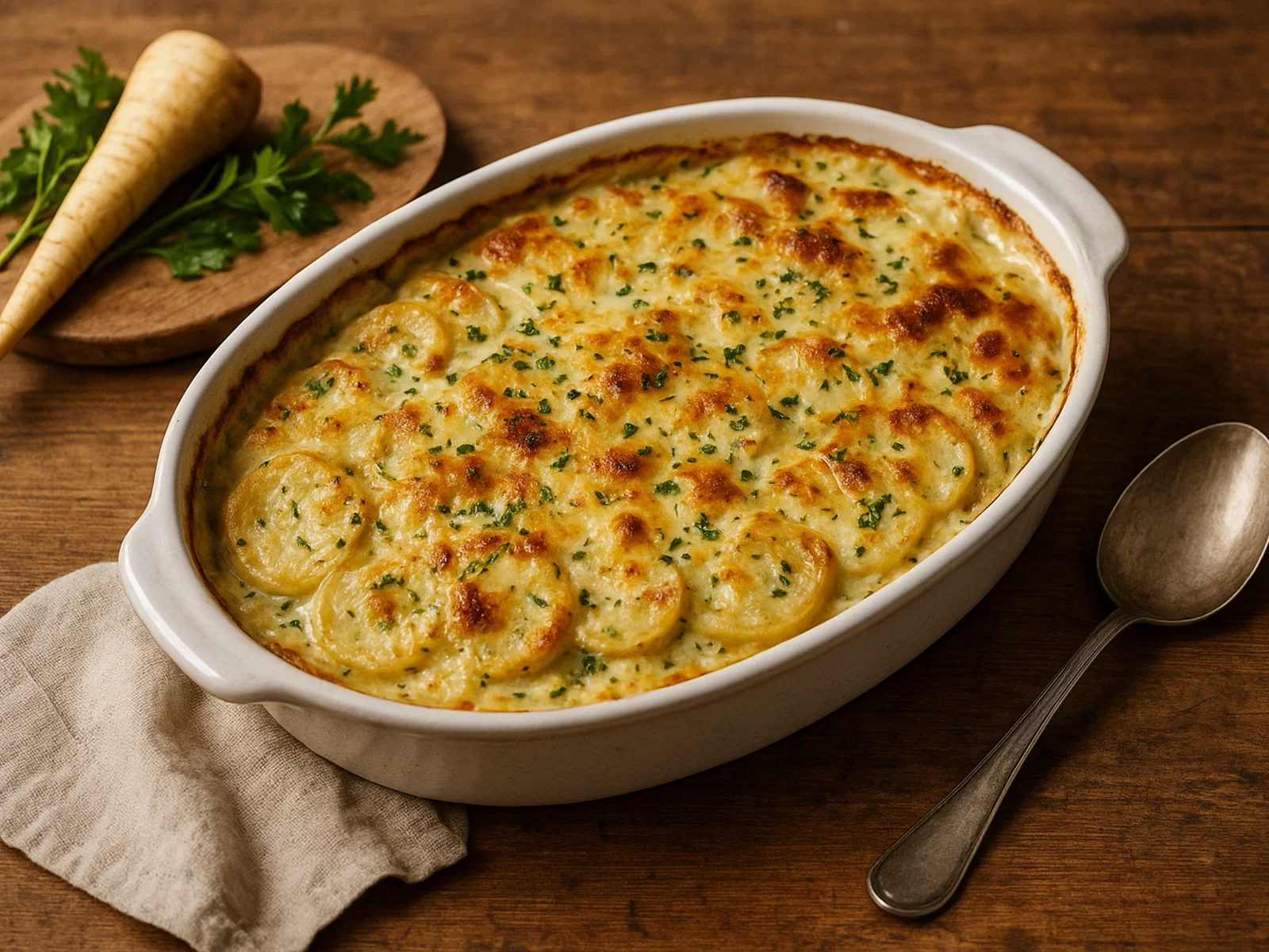 Pastinaken-Kartoffel-Gratin mit Kräuter-Sahne