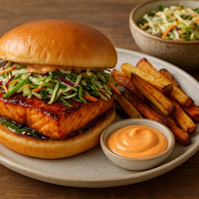 Asiatischer Teriyaki-Lachs-Burger mit Sriracha-Mayo