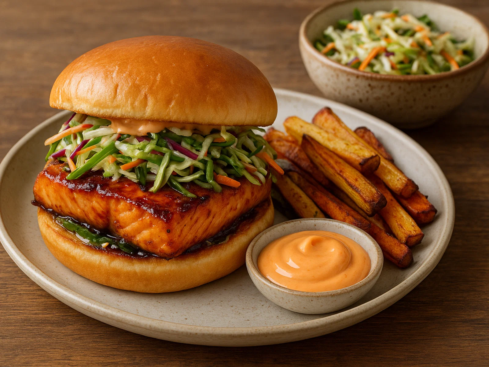 Asiatischer Teriyaki-Lachs-Burger mit Sriracha-Mayo