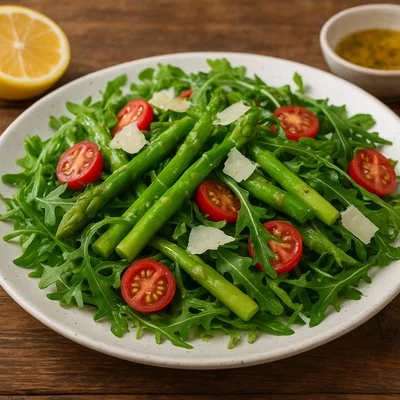 Spargelsalat mit Rucola, Cherrytomaten und Parmesansplittern