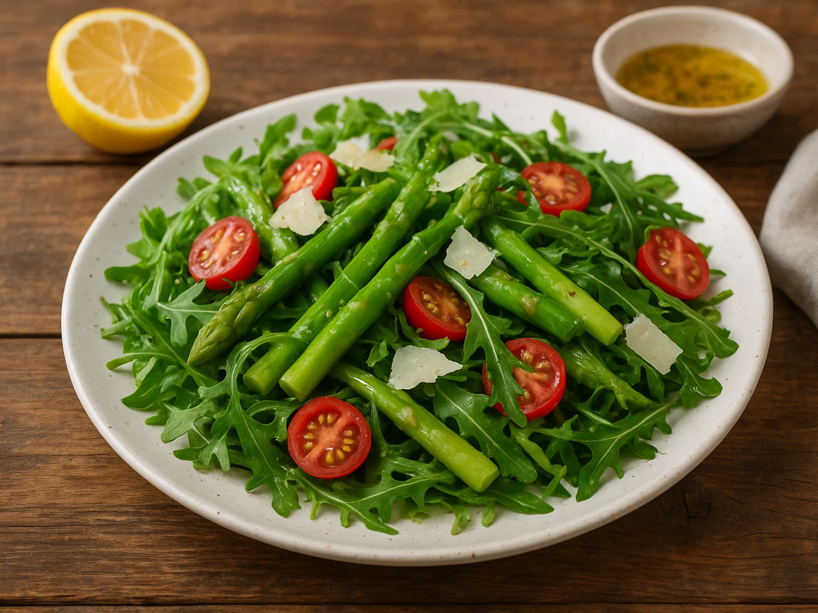 Spargelsalat mit Rucola, Cherrytomaten und Parmesansplittern