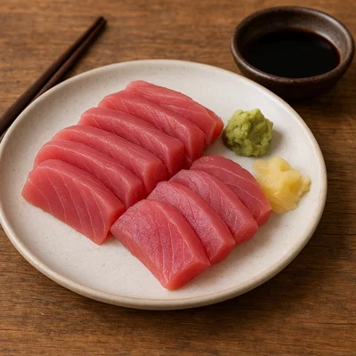 Klassisches Sashimi mit Sojasauce, Wasabi und Ingwer