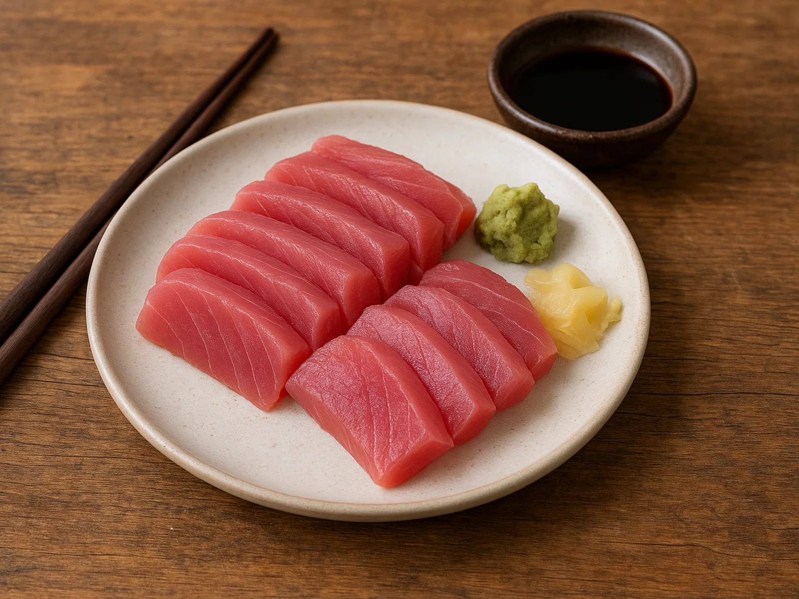 Klassisches Sashimi mit Sojasauce, Wasabi und Ingwer