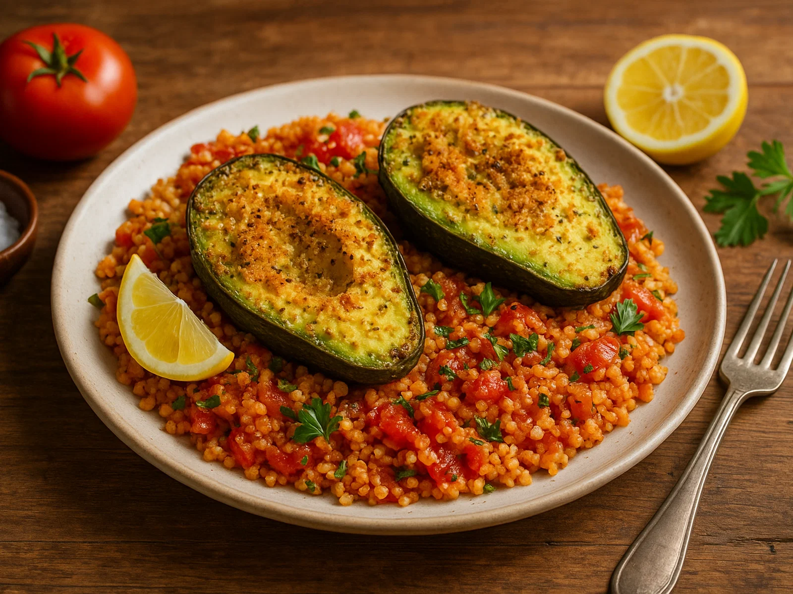 Gebackene Avocado mit Tomaten-Couscous