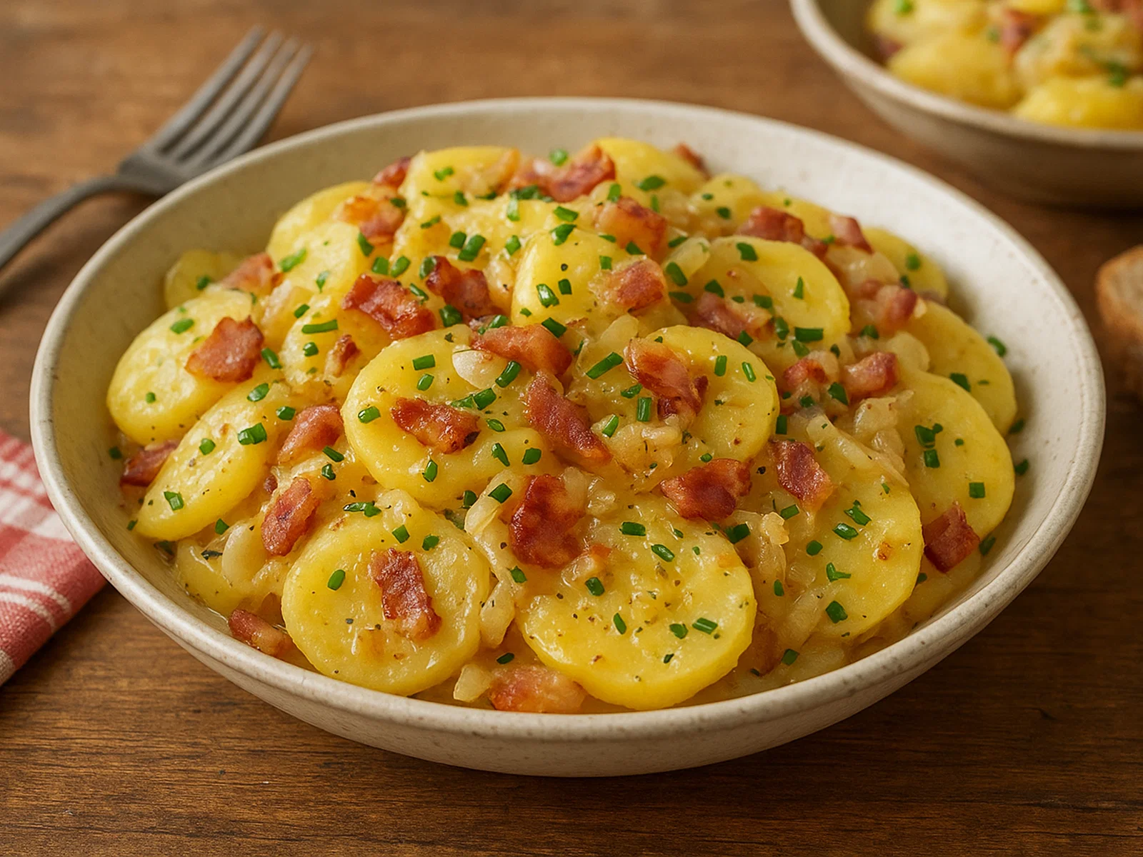 Deutscher Kartoffelsalat mit Speck (warm oder kalt)
