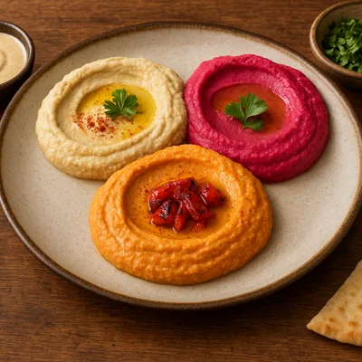 Hummus-Variationen – Klassisch, Rote Bete & Geröstete Paprika