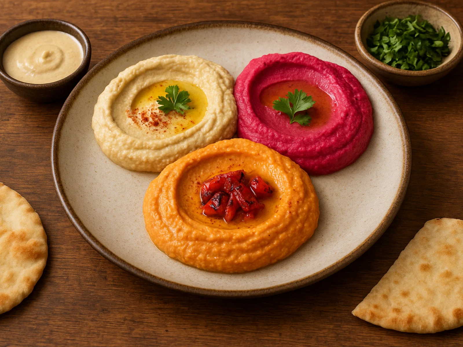 Hummus-Variationen – Klassisch, Rote Bete & Geröstete Paprika