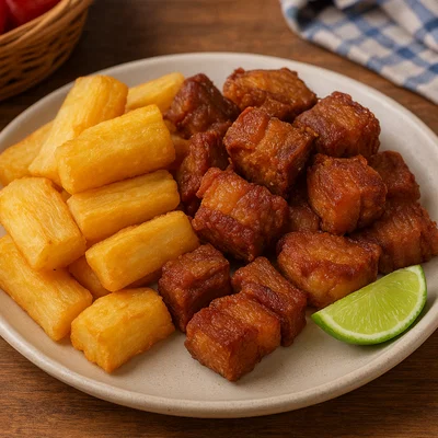 Yuca frita con Chicharrón (Frittierter Maniok mit knusprigem Schweinebauch)