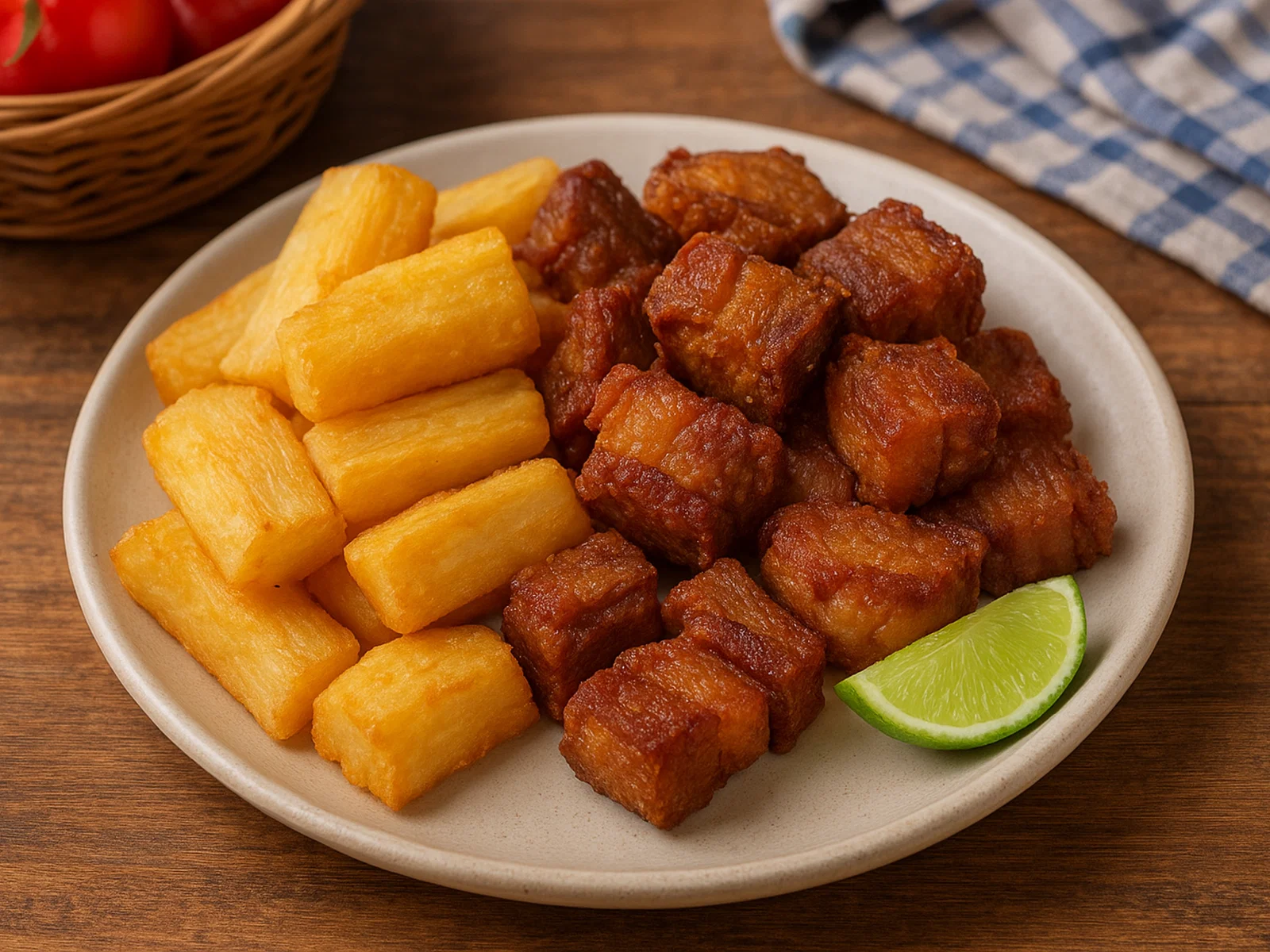 Yuca frita con Chicharrón (Frittierter Maniok mit knusprigem Schweinebauch)