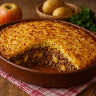 Rheinischer Koki mit Kartoffelkruste, Hackfleisch und Äpfeln