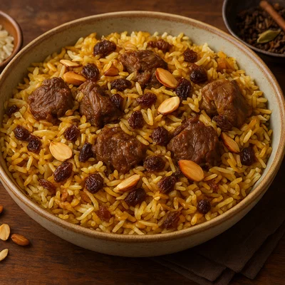 Lamm-Biryani mit Mandeln und Rosinen