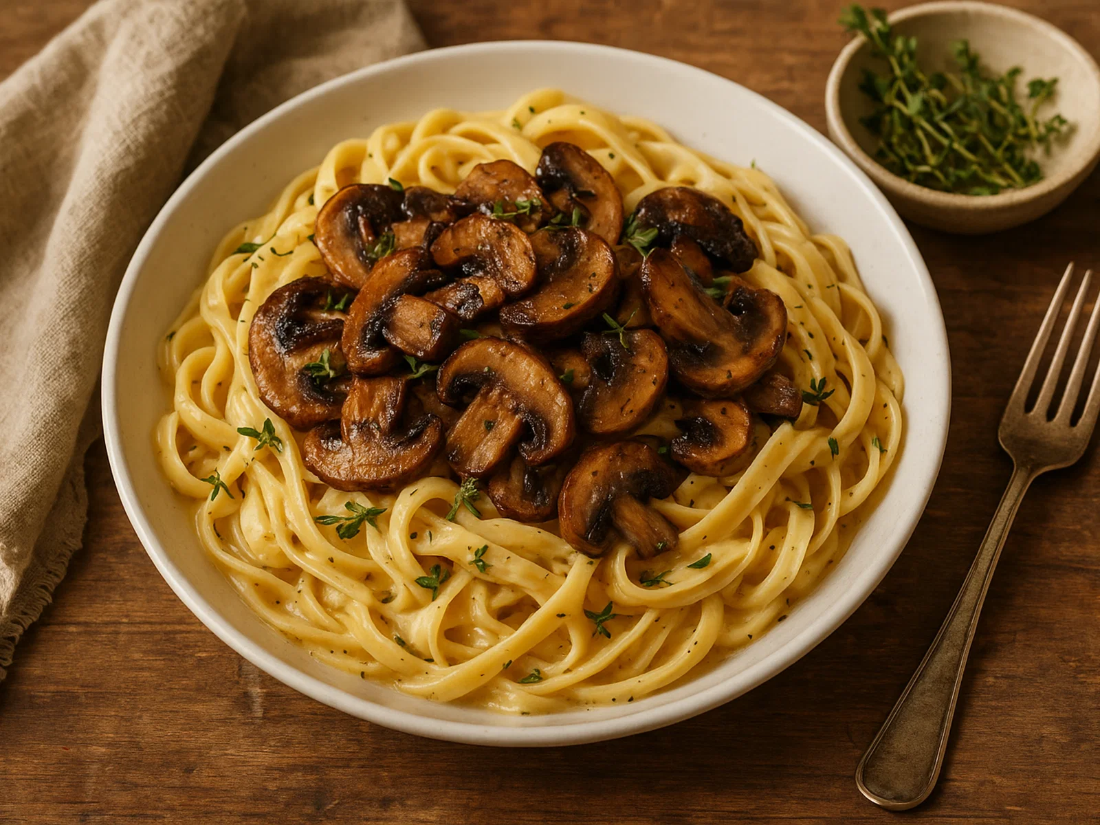 Pasta mit gebratenen Pilzen und Thymian