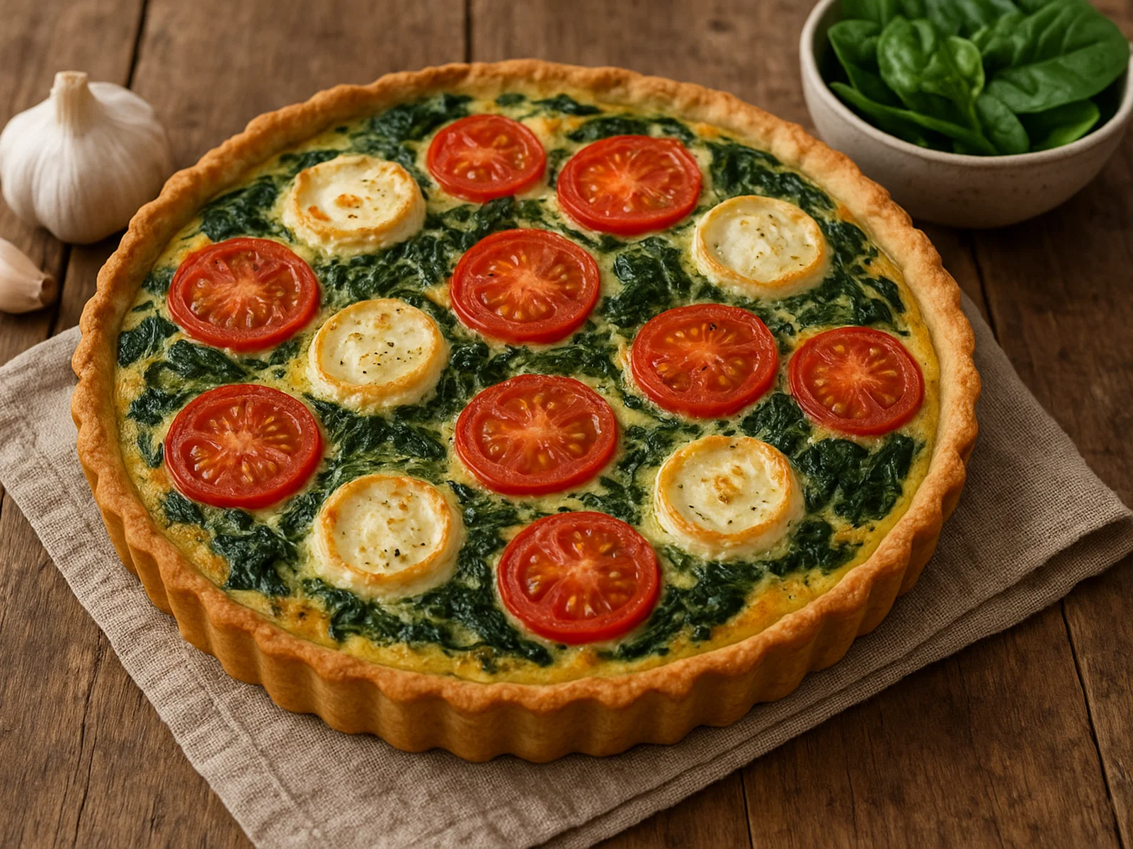 Ziegenkäse-Quiche mit Spinat und Tomaten
