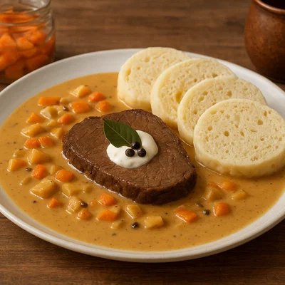 Svíčková – Rinderbraten in sahniger Wurzelgemüsesauce