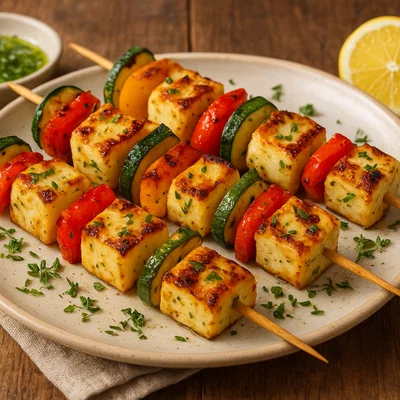Gegrillte Halloumi-Spieße mit Paprika und Zucchini