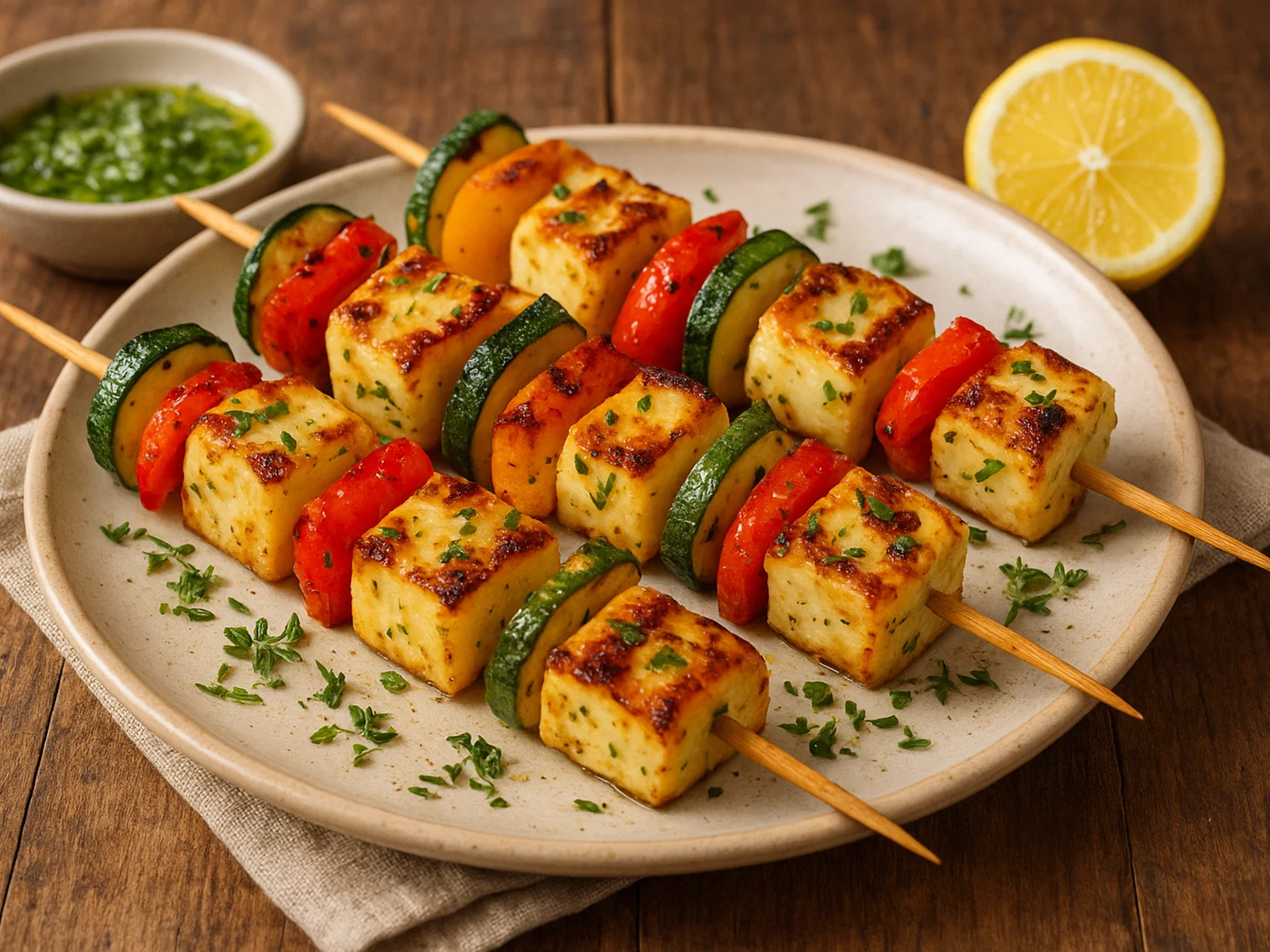 Gegrillte Halloumi-Spieße mit Paprika und Zucchini
