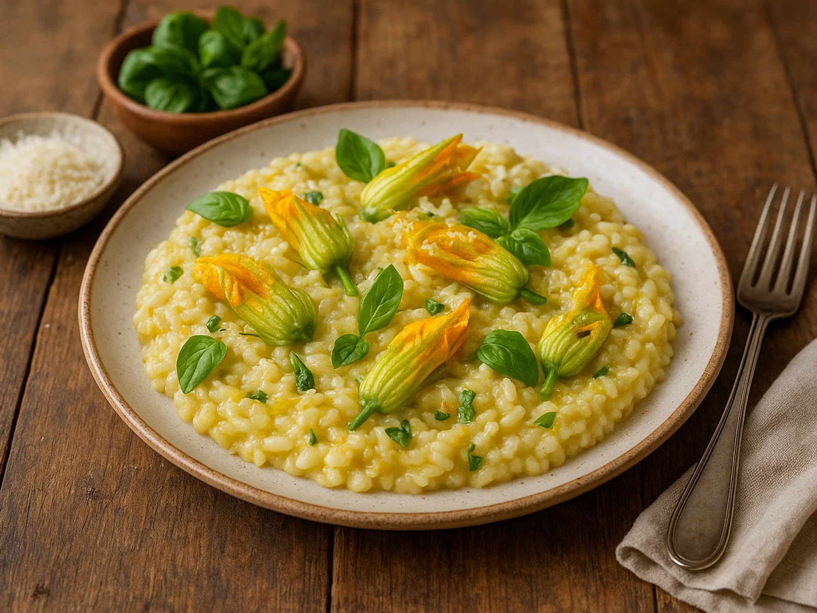 Zucchiniblüten-Risotto mit Basilikum und Parmesan