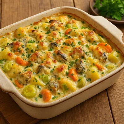 Ormer-Auflauf mit Gemüse in cremiger Kräutersauce