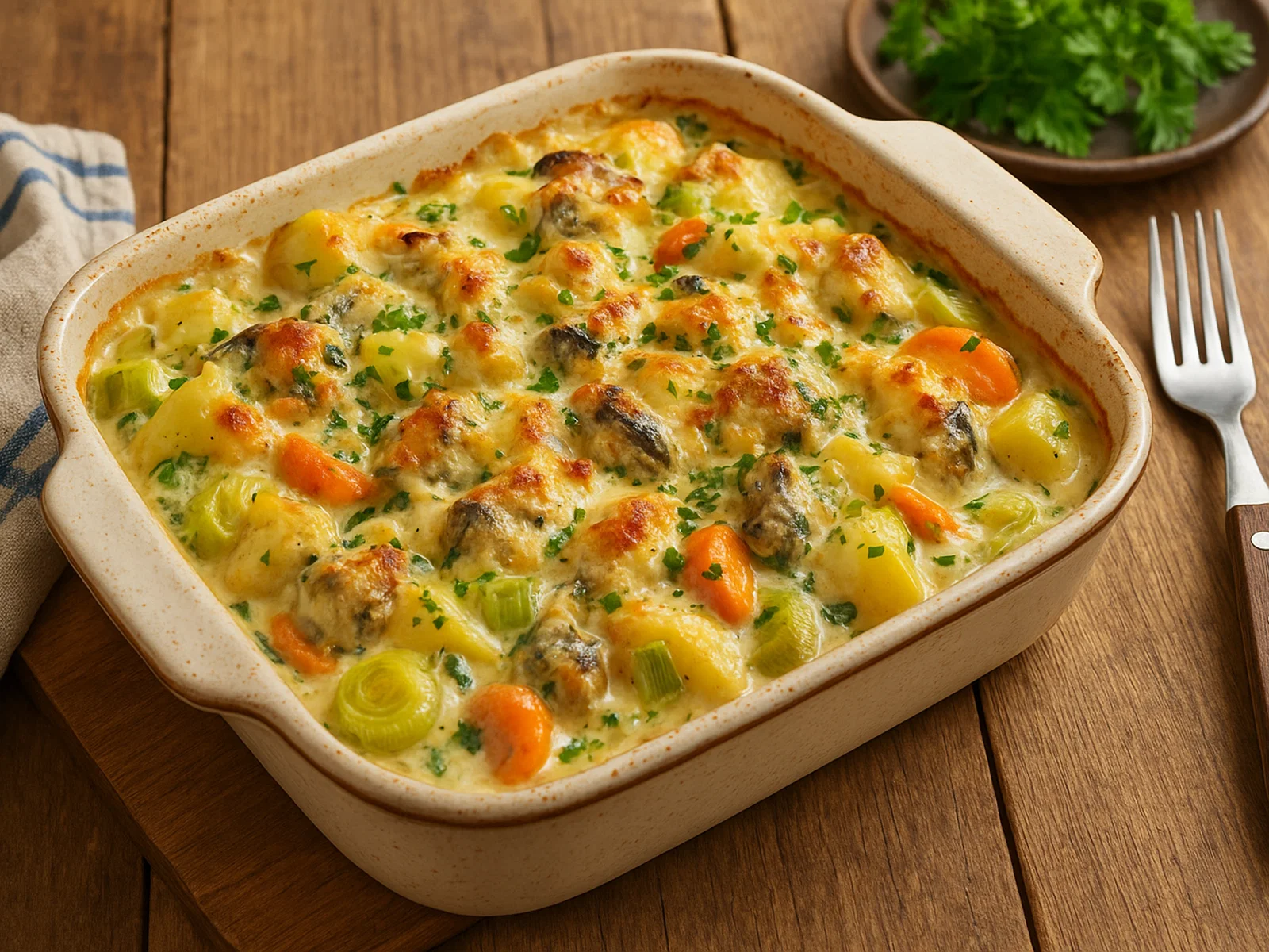 Ormer-Auflauf mit Gemüse in cremiger Kräutersauce