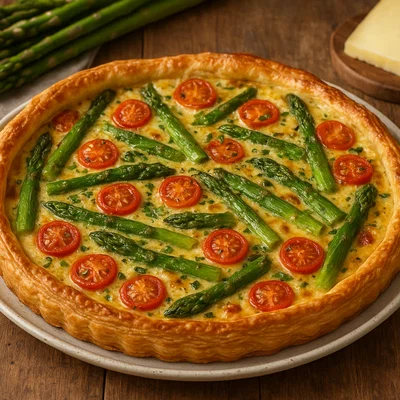 Spargel-Tomaten-Tarte mit Blätterteig und Bergkäse