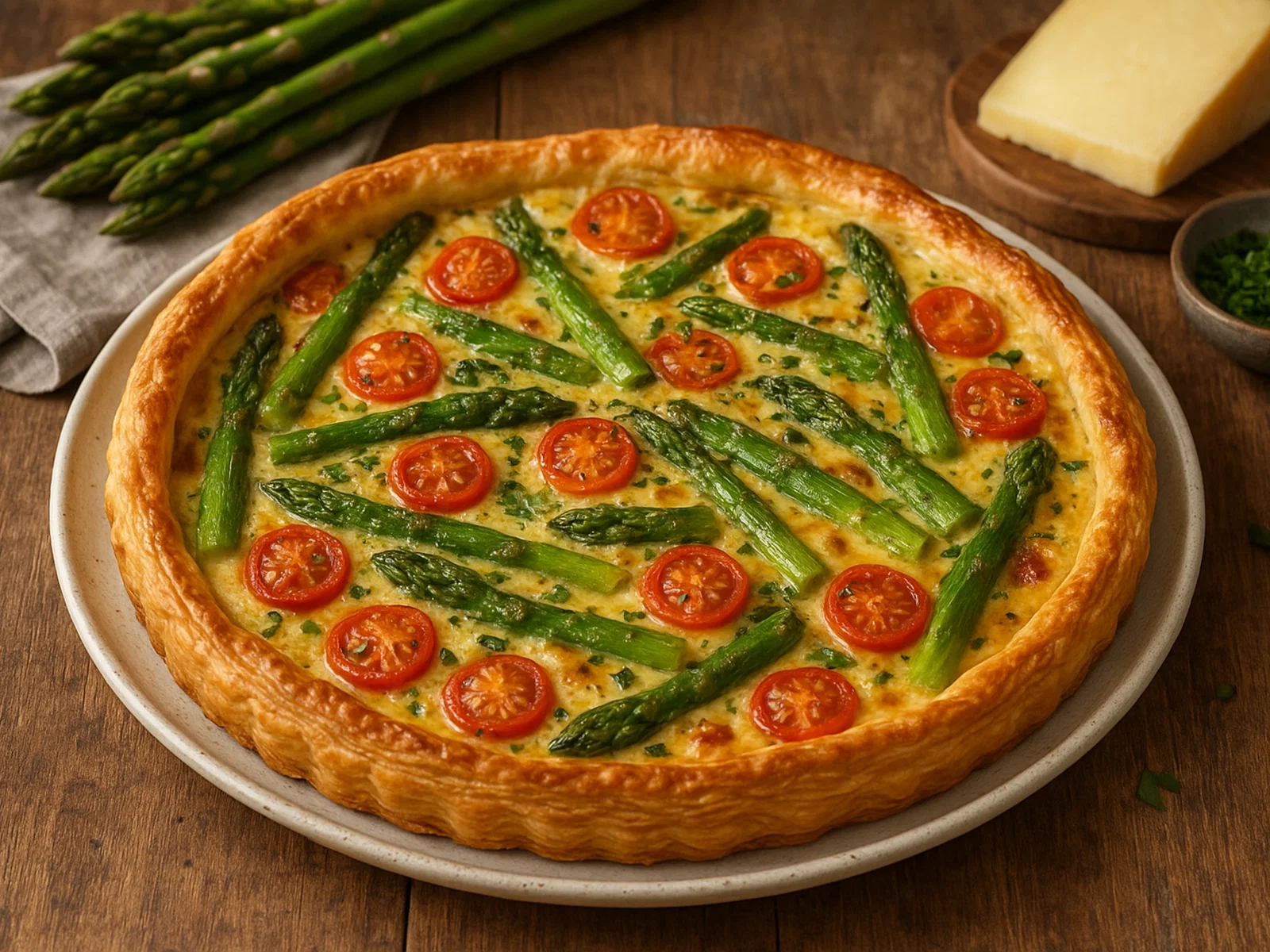 Spargel-Tomaten-Tarte mit Blätterteig und Bergkäse