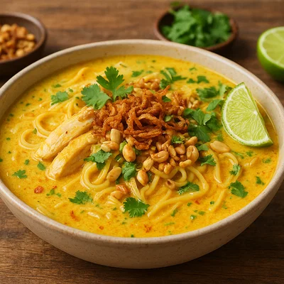 Ohn No Khao Swè – Burmesische Kokos-Curry-Nudelsuppe mit Huhn
