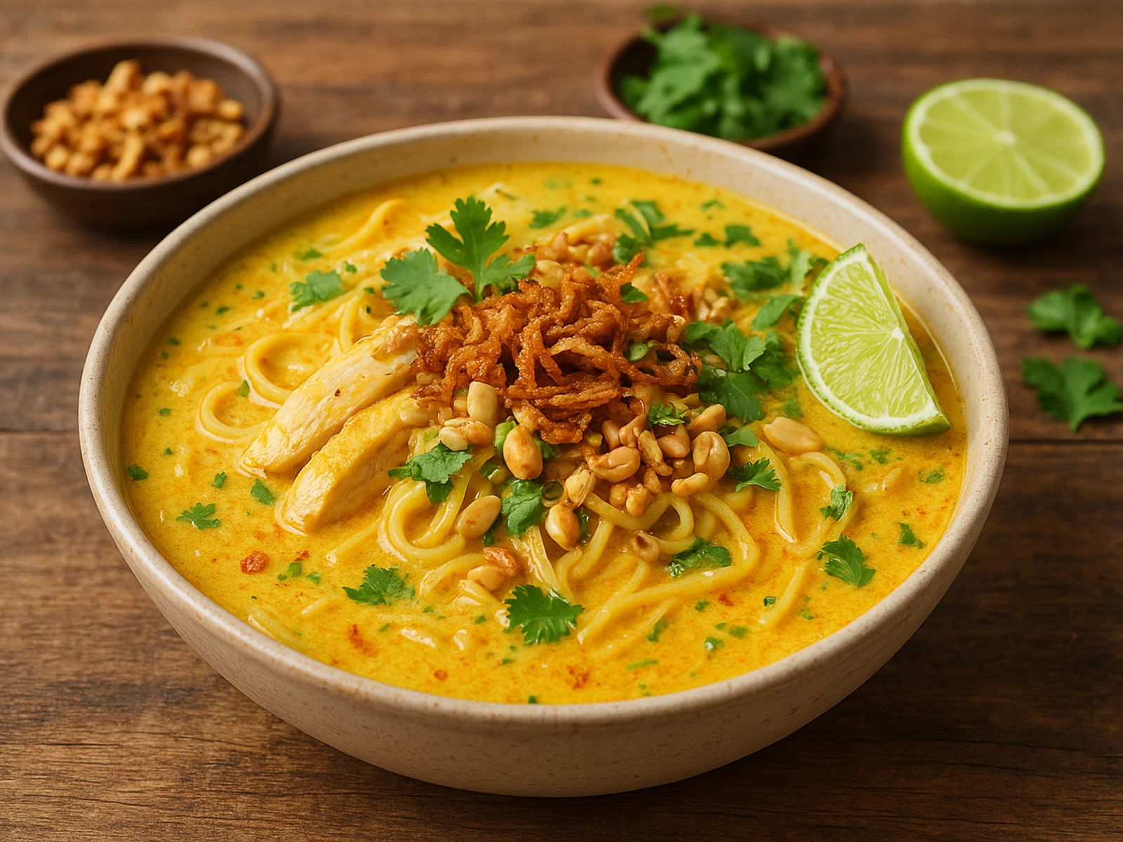 Ohn No Khao Swè – Burmesische Kokos-Curry-Nudelsuppe mit Huhn