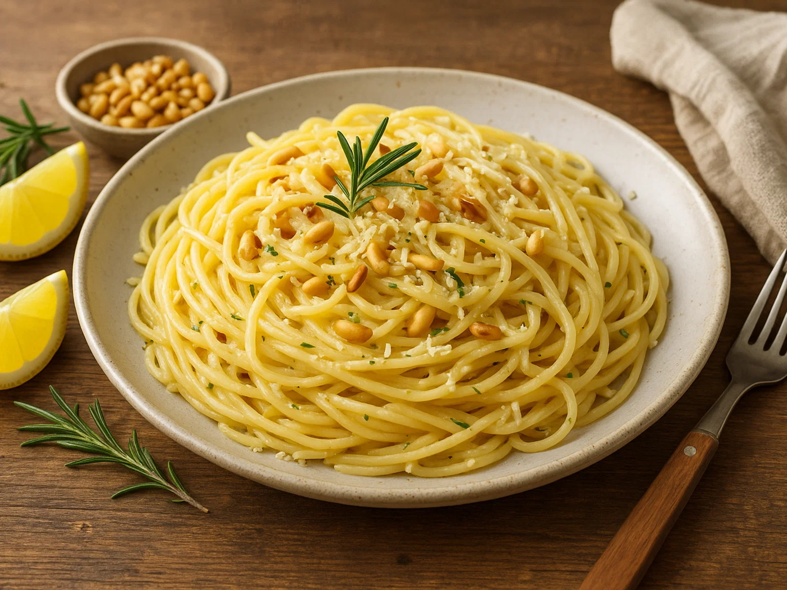 Zitronen-Rosmarin-Pasta mit gerösteten Pinienkernen