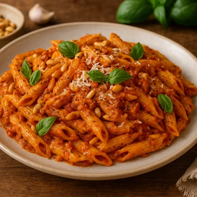 Tomaten-Pesto-Pasta mit gerösteten Pinienkernen