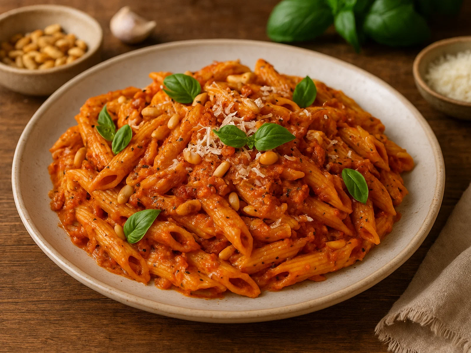 Tomaten-Pesto-Pasta mit gerösteten Pinienkernen