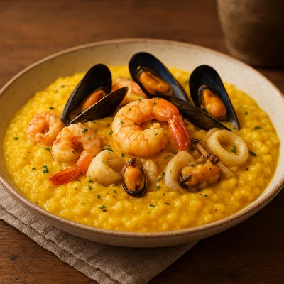 Polenta-Risotto mit Safran und Meeresfrüchten