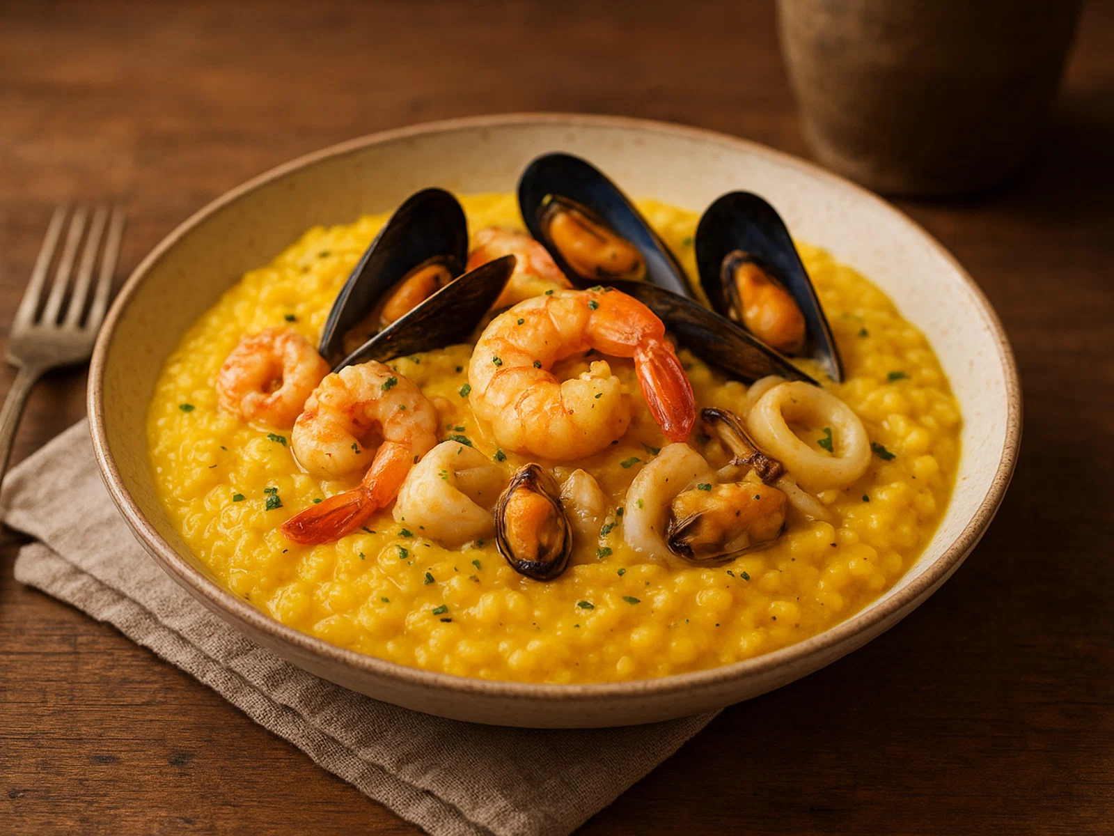Polenta-Risotto mit Safran und Meeresfrüchten