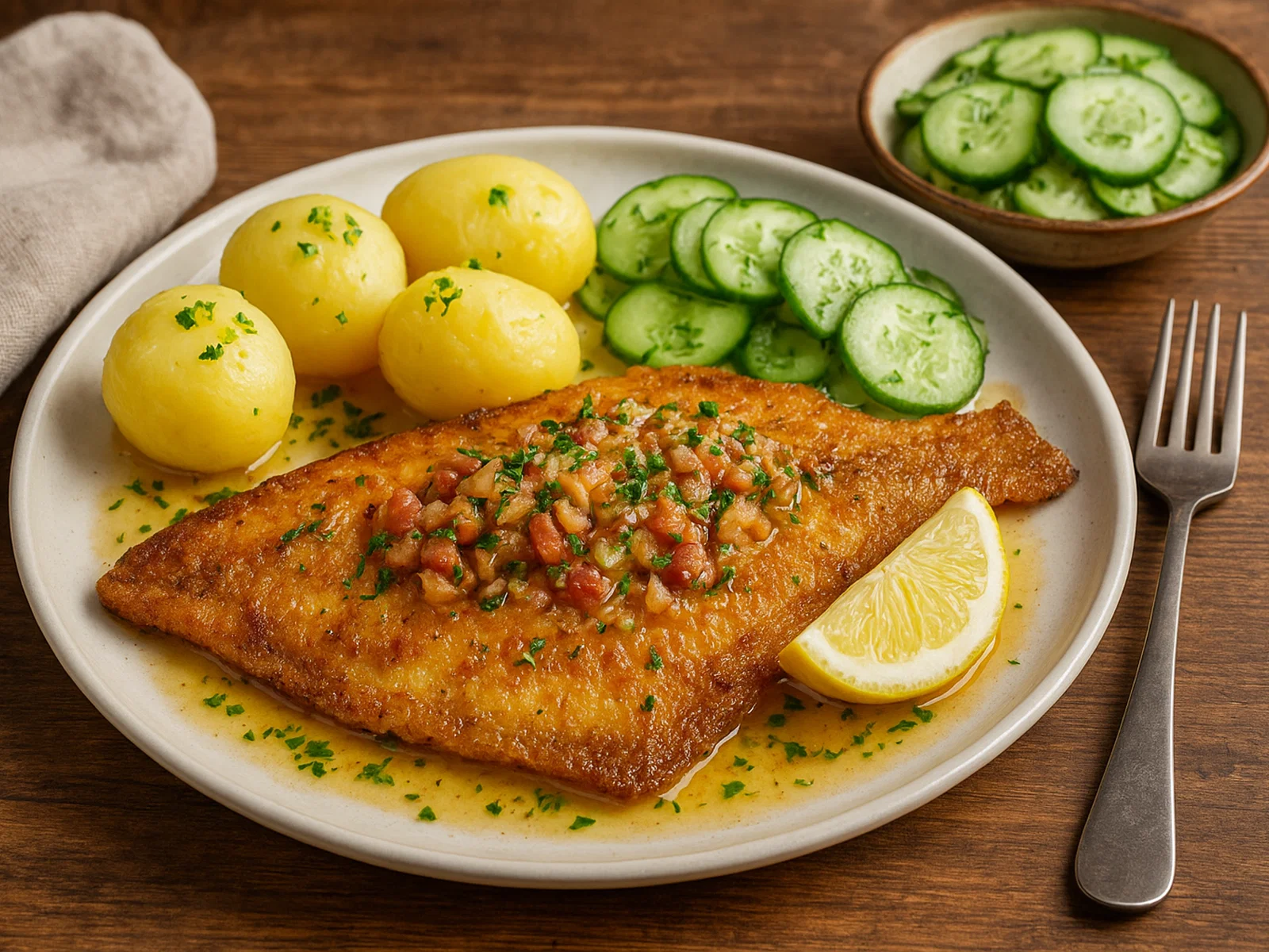 Scholle Finkenwerder Art mit Speck-Zwiebel-Butter