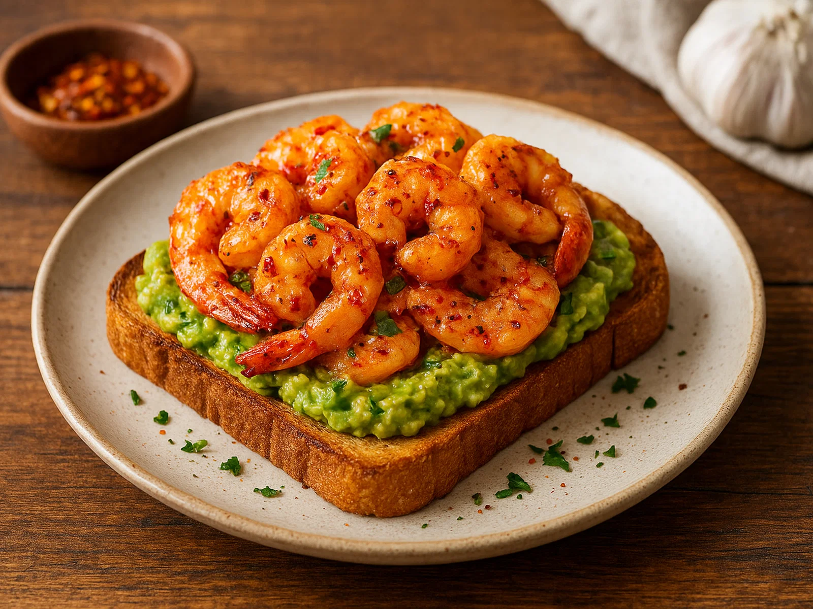 Chili-Knoblauch-Garnelen auf Avocado-Toast