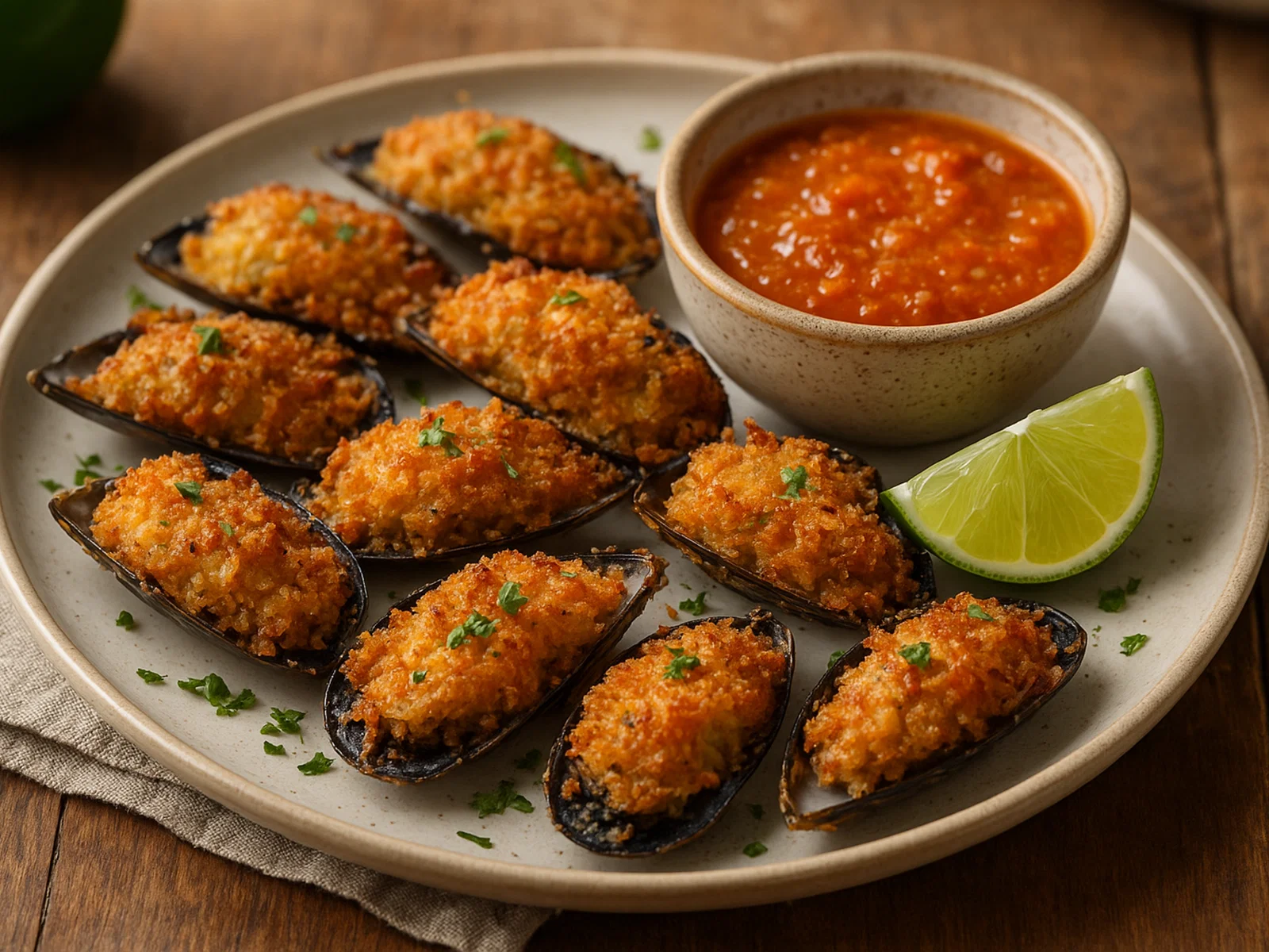 Kokosnuss‑Knackmuscheln mit Limette und pikanter Dip-Sauce