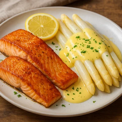 Gebratener Lachs mit weißem Spargel und Hollandaise-Sauce