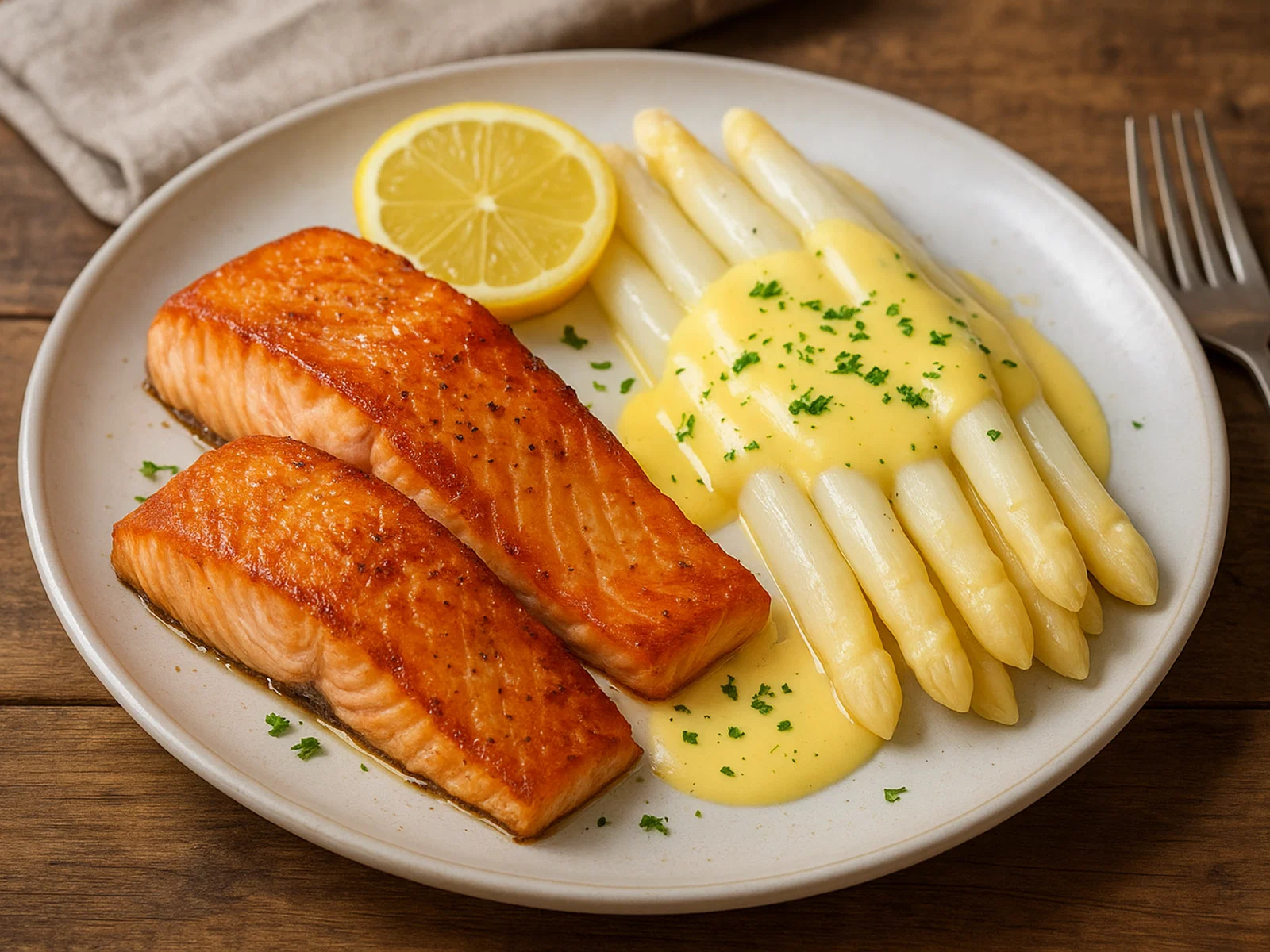Gebratener Lachs mit weißem Spargel und Hollandaise-Sauce