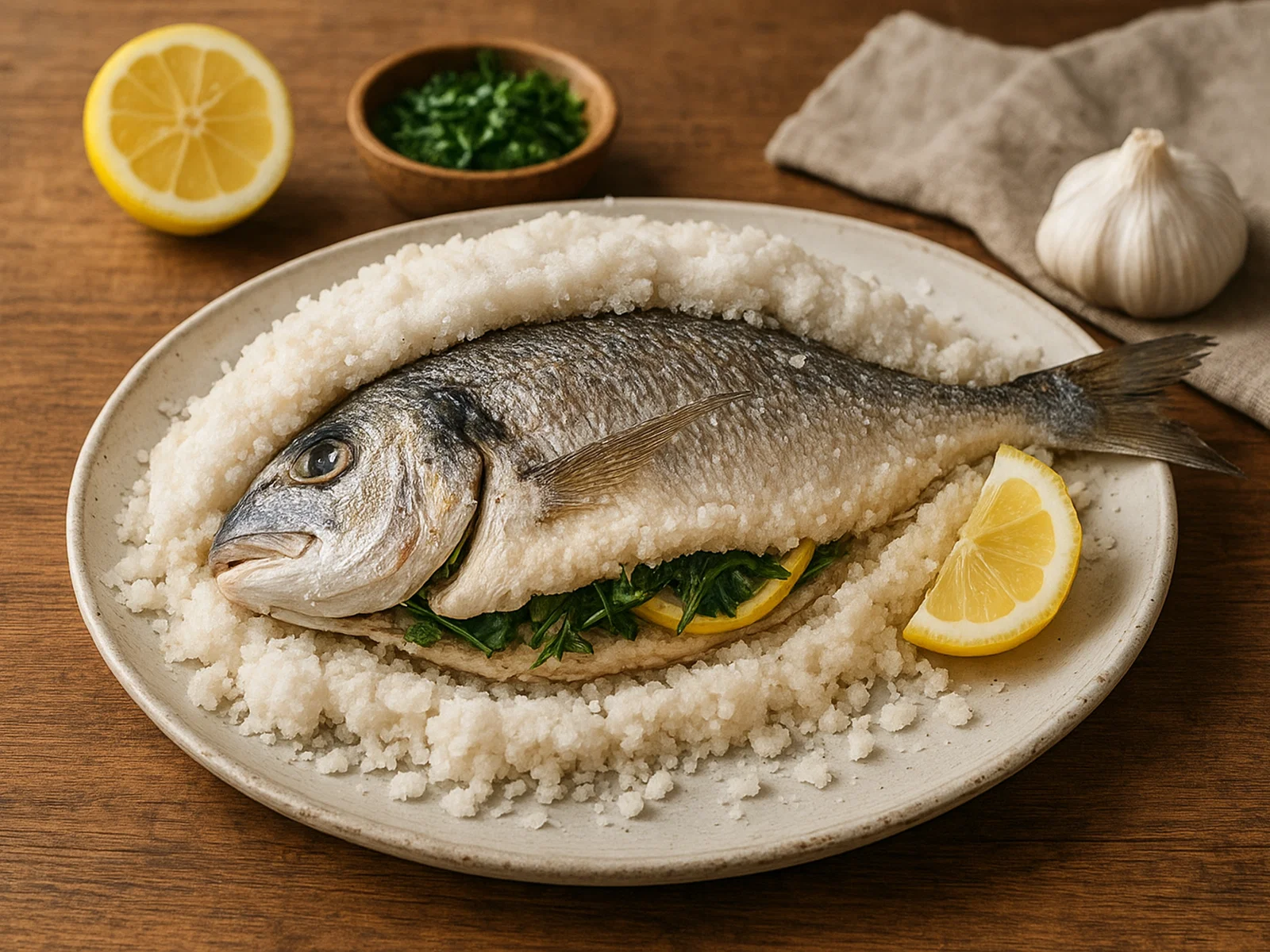 Dorade im Salzmantel mit Kräutern und Zitrone