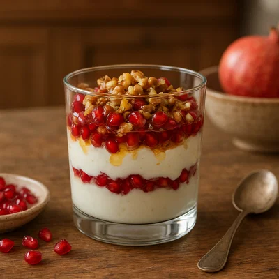 Granatapfel-Joghurt-Parfait mit Honig und Nüssen