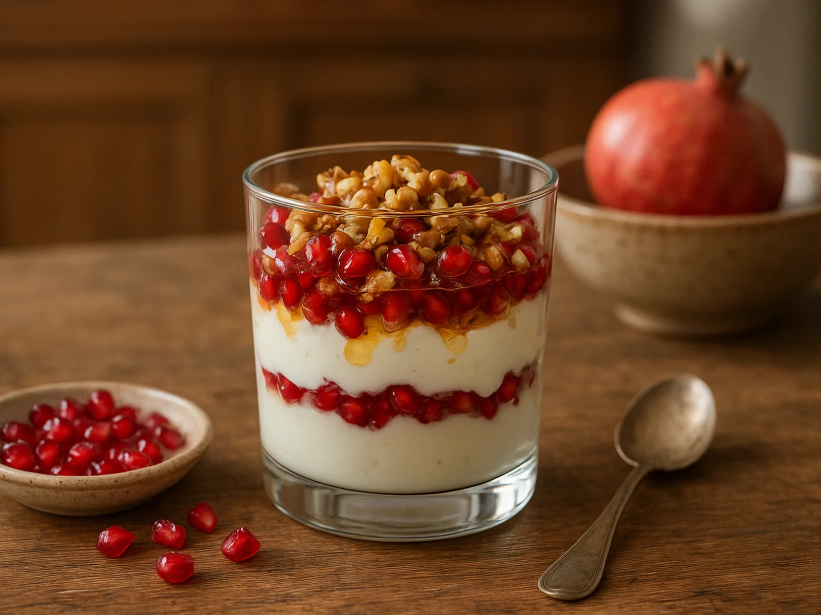 Granatapfel-Joghurt-Parfait mit Honig und Nüssen