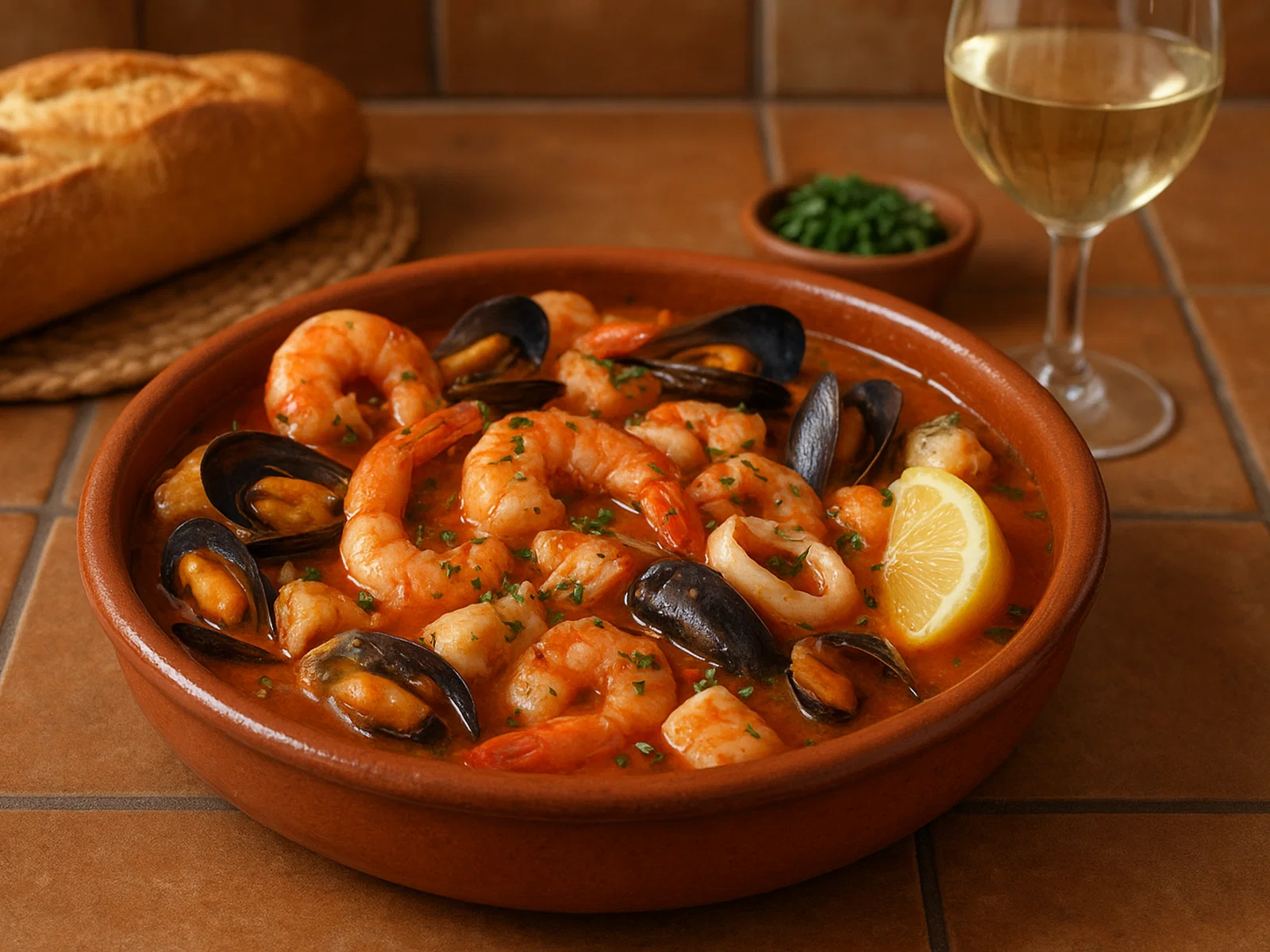 Spanische Mariscada mit Weißwein und Kräutern