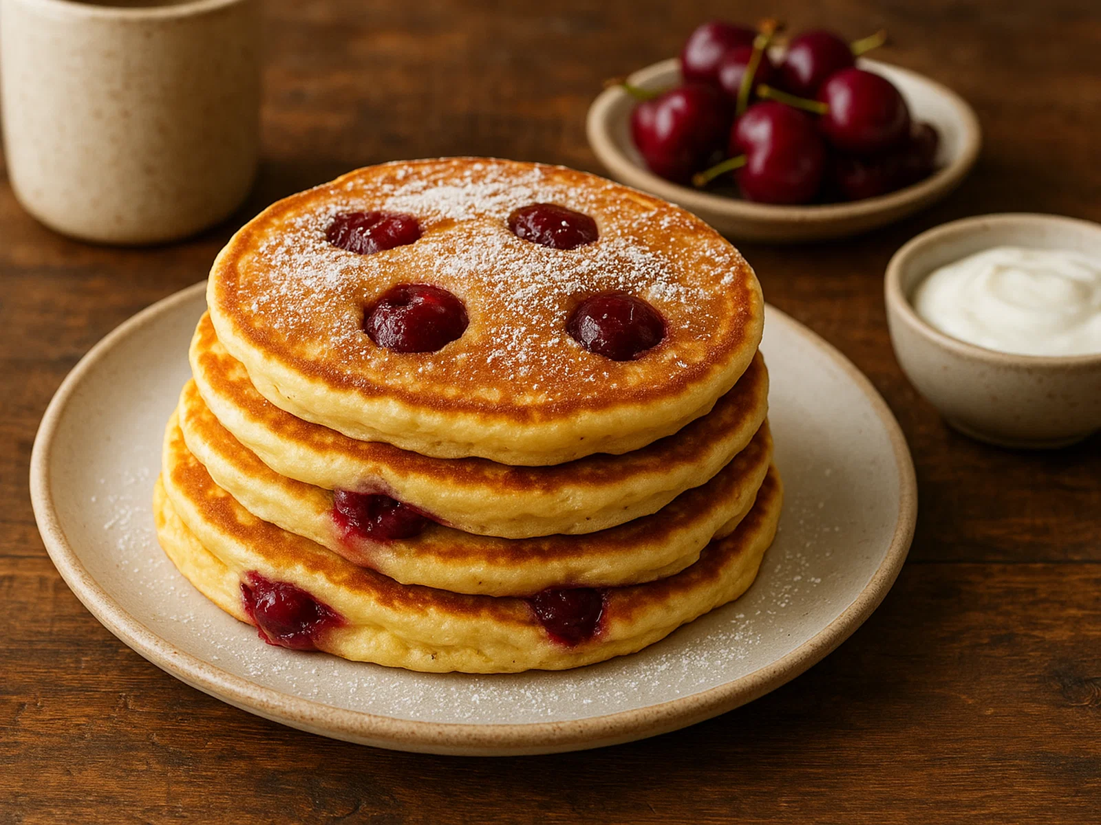 Fluffige Kirsch-Pfannkuchen mit Vanille und Zimt